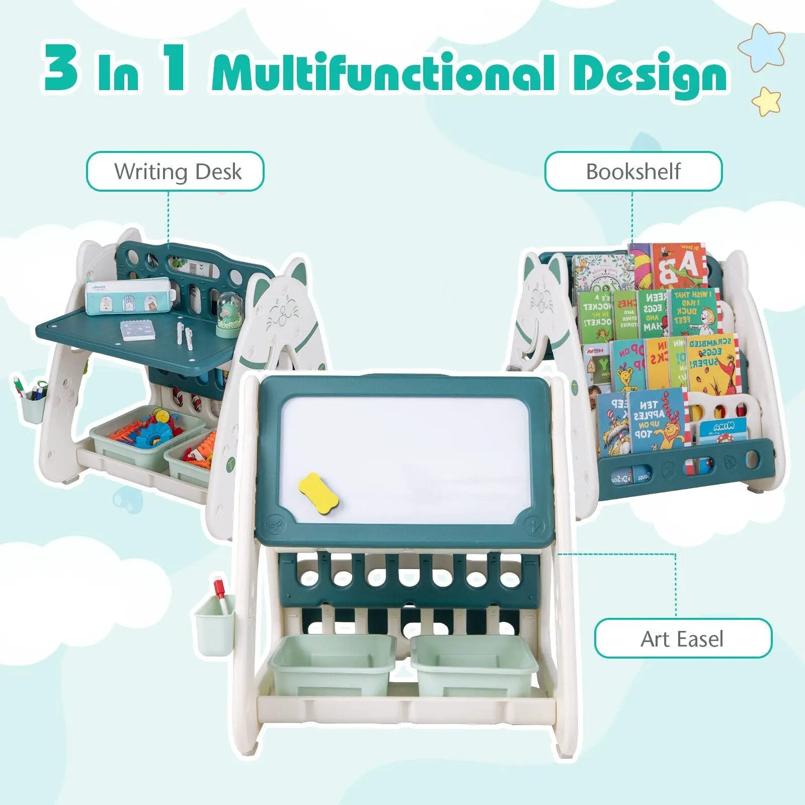 3-In-1 Double Sided Magnetic Dry-Erase Board with Stool and Flipped Writing Desktop by DirectDeals