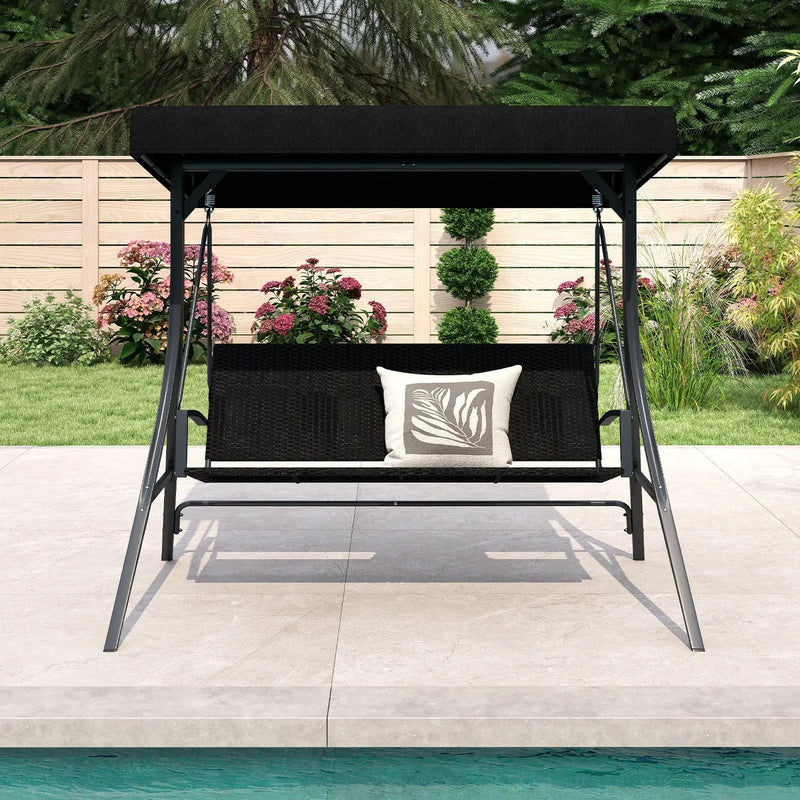 3-Person Porch Swing with Stand Outdoor Canopy Swing with Rattan Seat Back-Black by DirectDeals