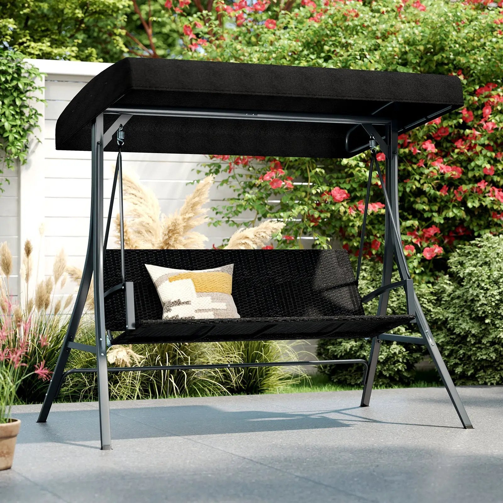 3-Person Porch Swing with Stand Outdoor Canopy Swing with Rattan Seat Back-Black by DirectDeals