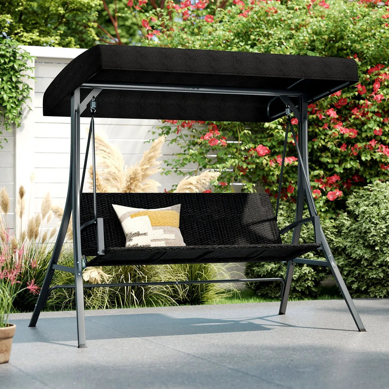 3-Person Porch Swing with Stand Outdoor Canopy Swing with Rattan Seat Back-Black by DirectDeals