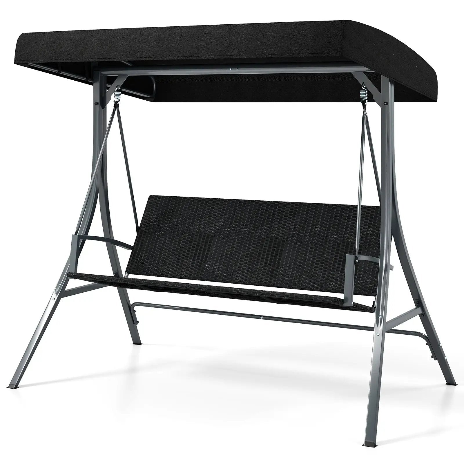 3-Person Porch Swing with Stand Outdoor Canopy Swing with Rattan Seat Back-Black by DirectDeals