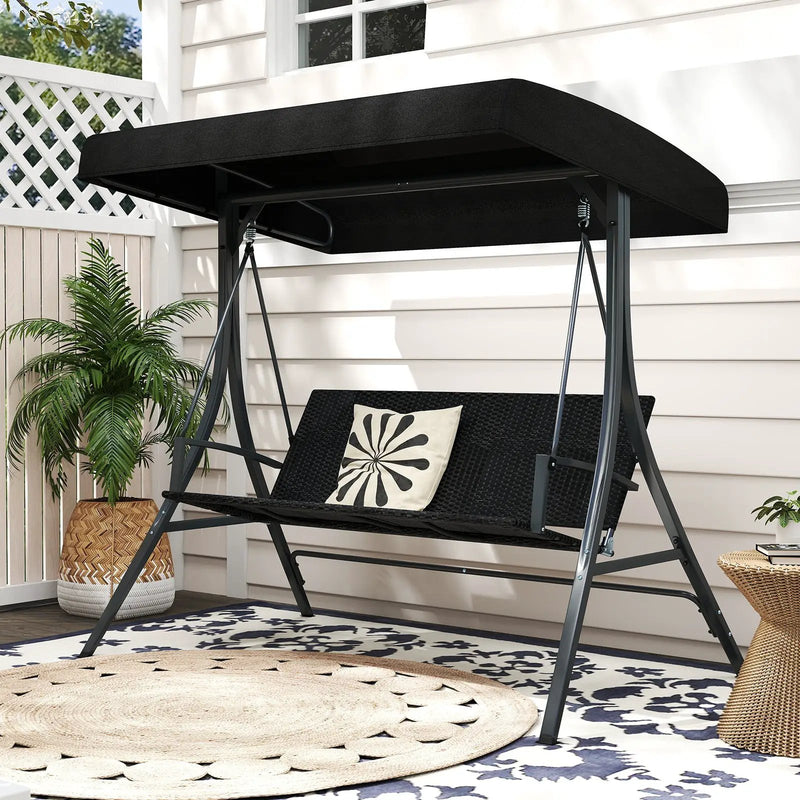 3-Person Porch Swing with Stand Outdoor Canopy Swing with Rattan Seat Back-Black by DirectDeals