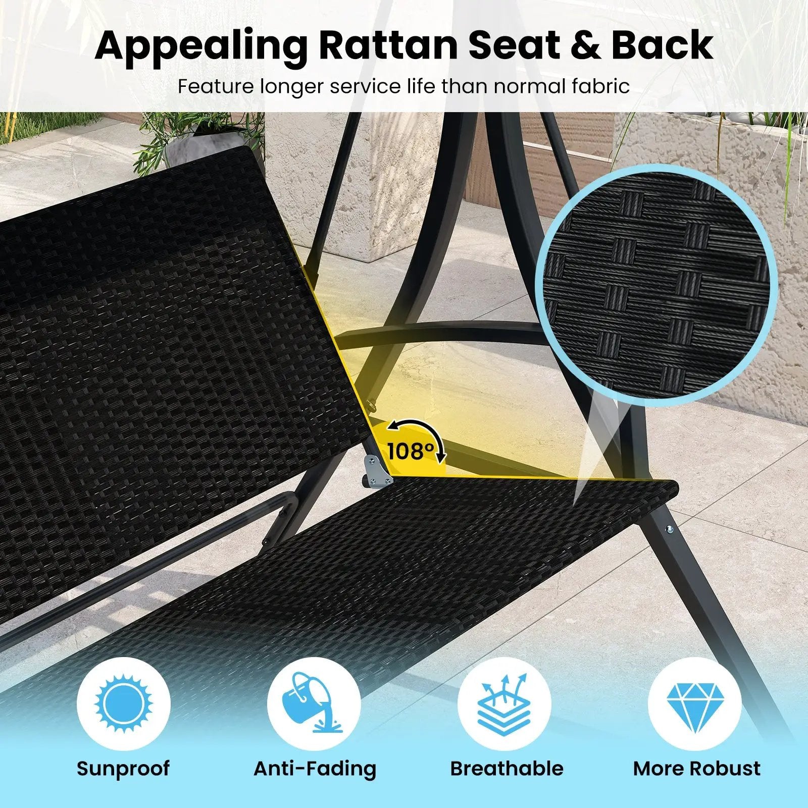 3-Person Porch Swing with Stand Outdoor Canopy Swing with Rattan Seat Back-Black by DirectDeals