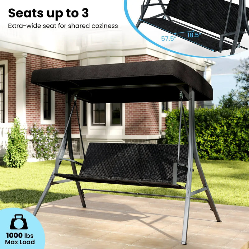 3-Person Porch Swing with Stand Outdoor Canopy Swing with Rattan Seat Back-Black by DirectDeals