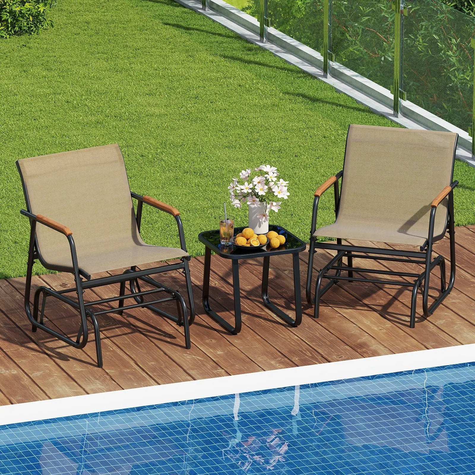 3-Piece Outdoor Glider Bistro Set with Tempered Glass Top and Metal Frame-Coffee by DirectDeals