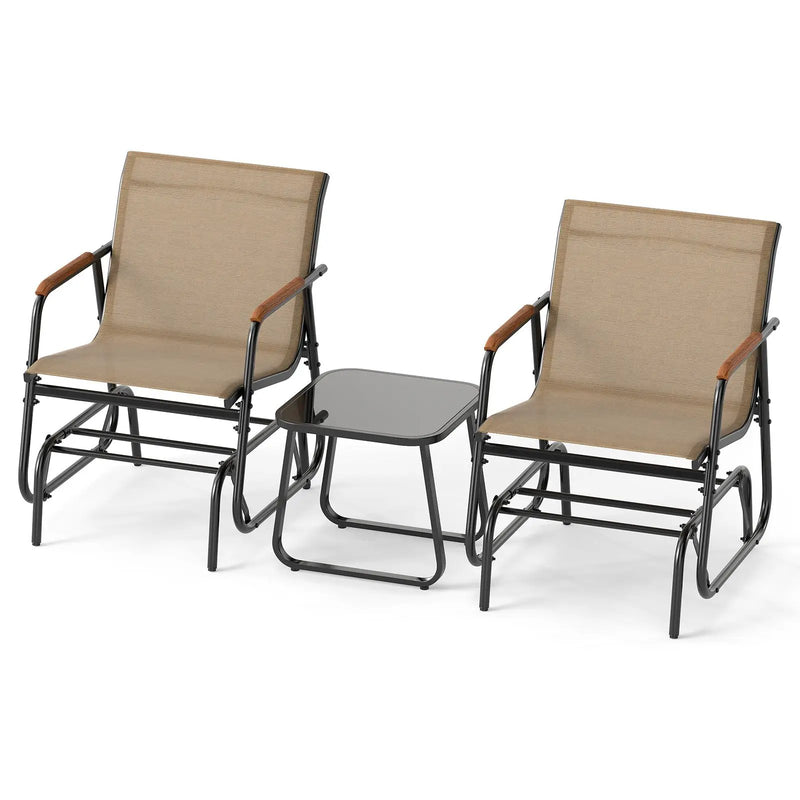 3-Piece Outdoor Glider Bistro Set with Tempered Glass Top and Metal Frame-Coffee by DirectDeals
