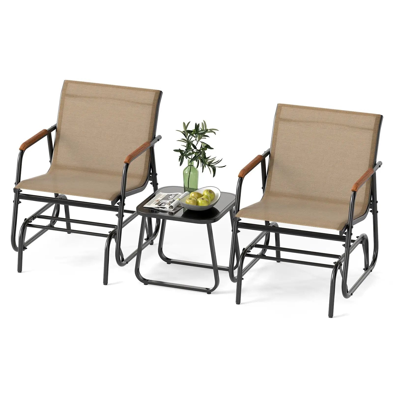 3-Piece Outdoor Glider Bistro Set with Tempered Glass Top and Metal Frame-Coffee by DirectDeals