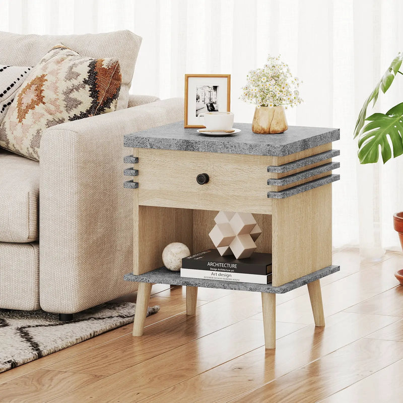 3-Tier Bedside Table Nightstand with Antique Grey Faux Marble Top-Grey by DirectDeals