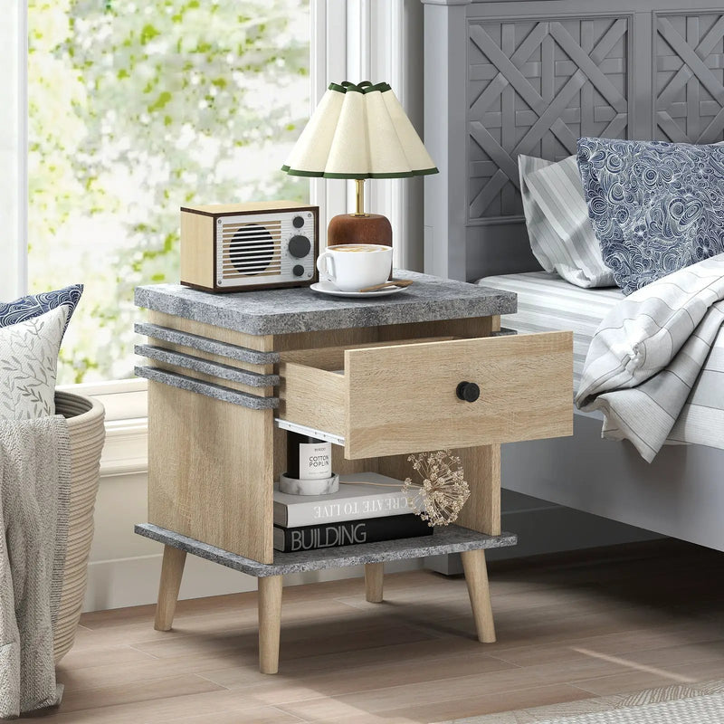 3-Tier Bedside Table Nightstand with Antique Grey Faux Marble Top-Grey by DirectDeals