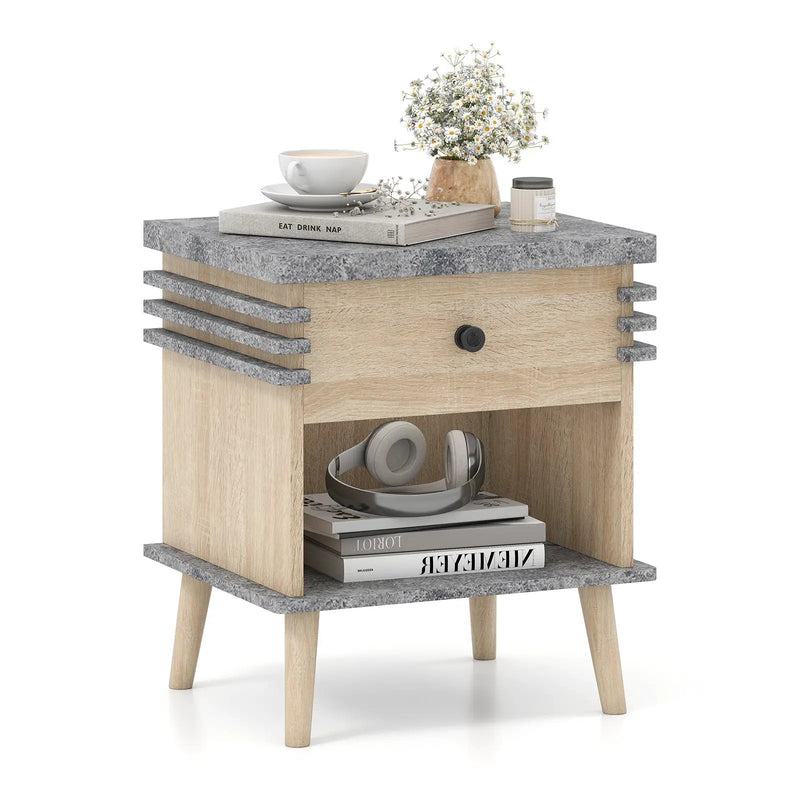 3-Tier Bedside Table Nightstand with Antique Grey Faux Marble Top-Grey by DirectDeals
