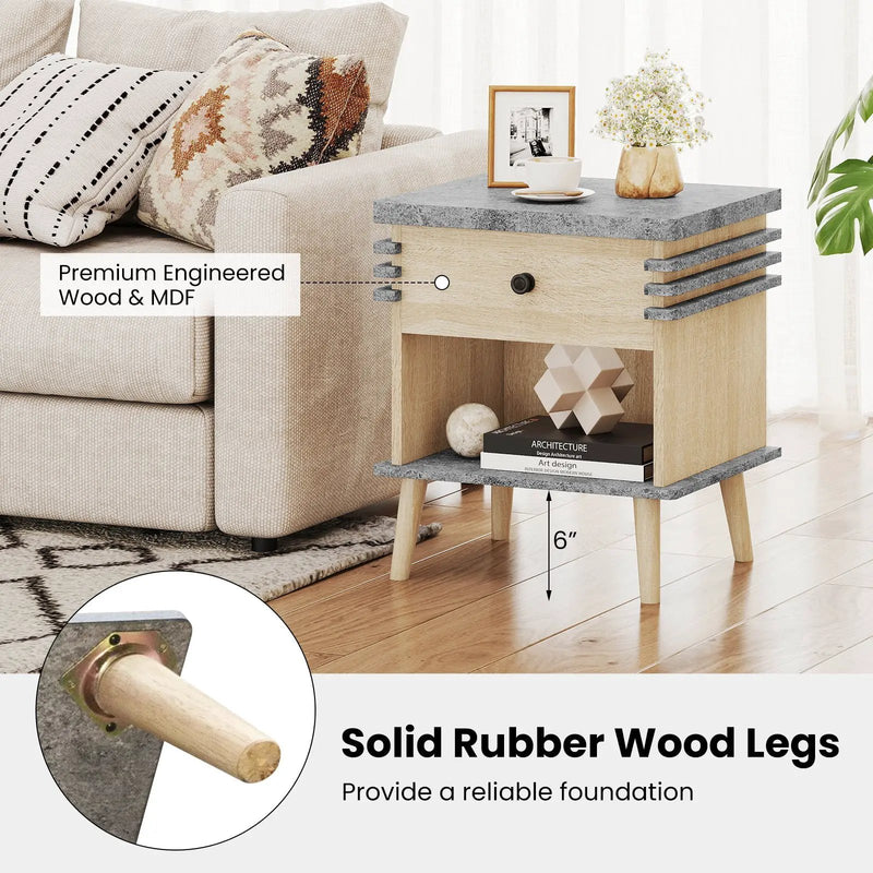 3-Tier Bedside Table Nightstand with Antique Grey Faux Marble Top-Grey by DirectDeals