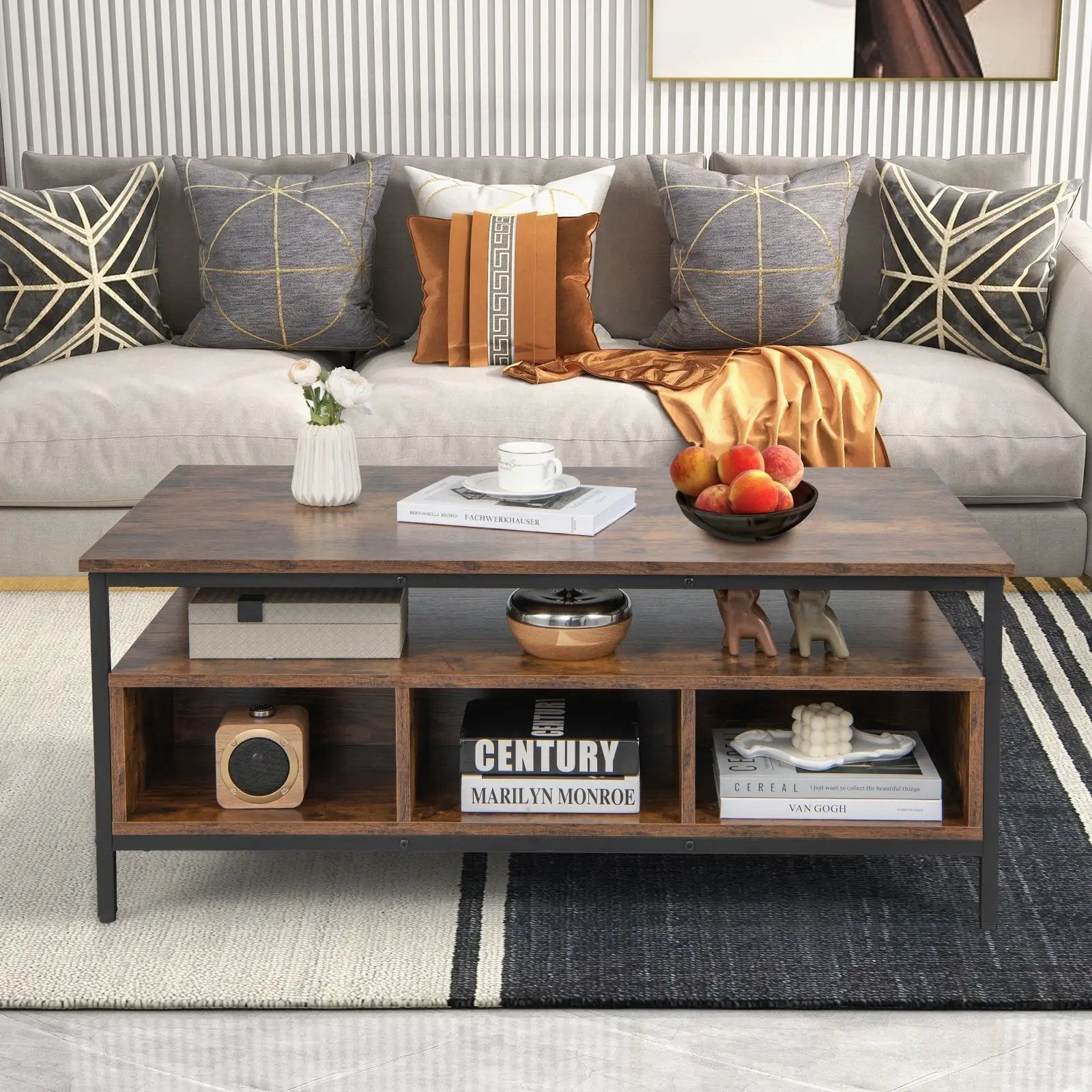 3-Tier Industrial Style Coffee Table with Storage and Heavy-duty Metal Frame-Coffee by DirectDeals