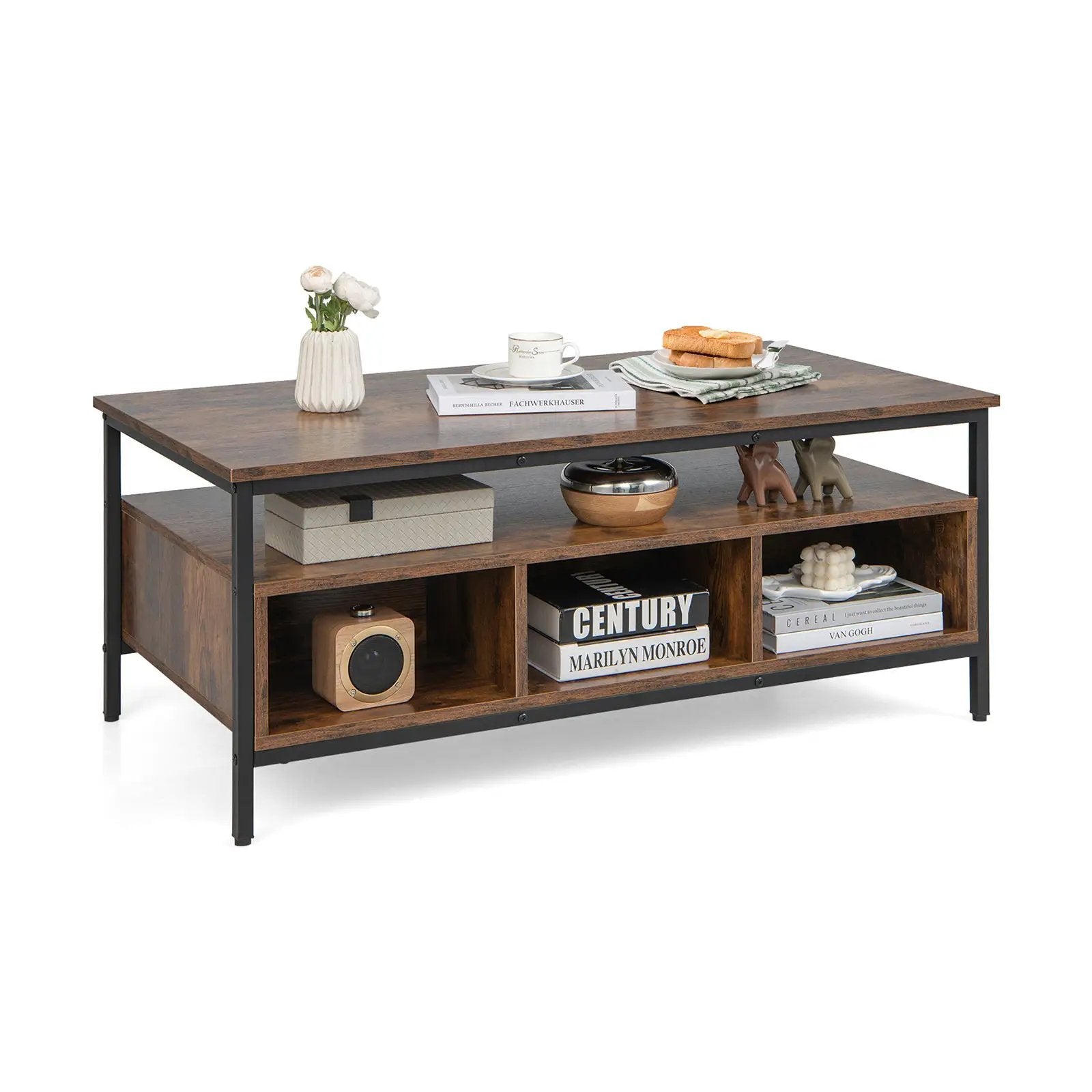 3-Tier Industrial Style Coffee Table with Storage and Heavy-duty Metal Frame-Coffee by DirectDeals