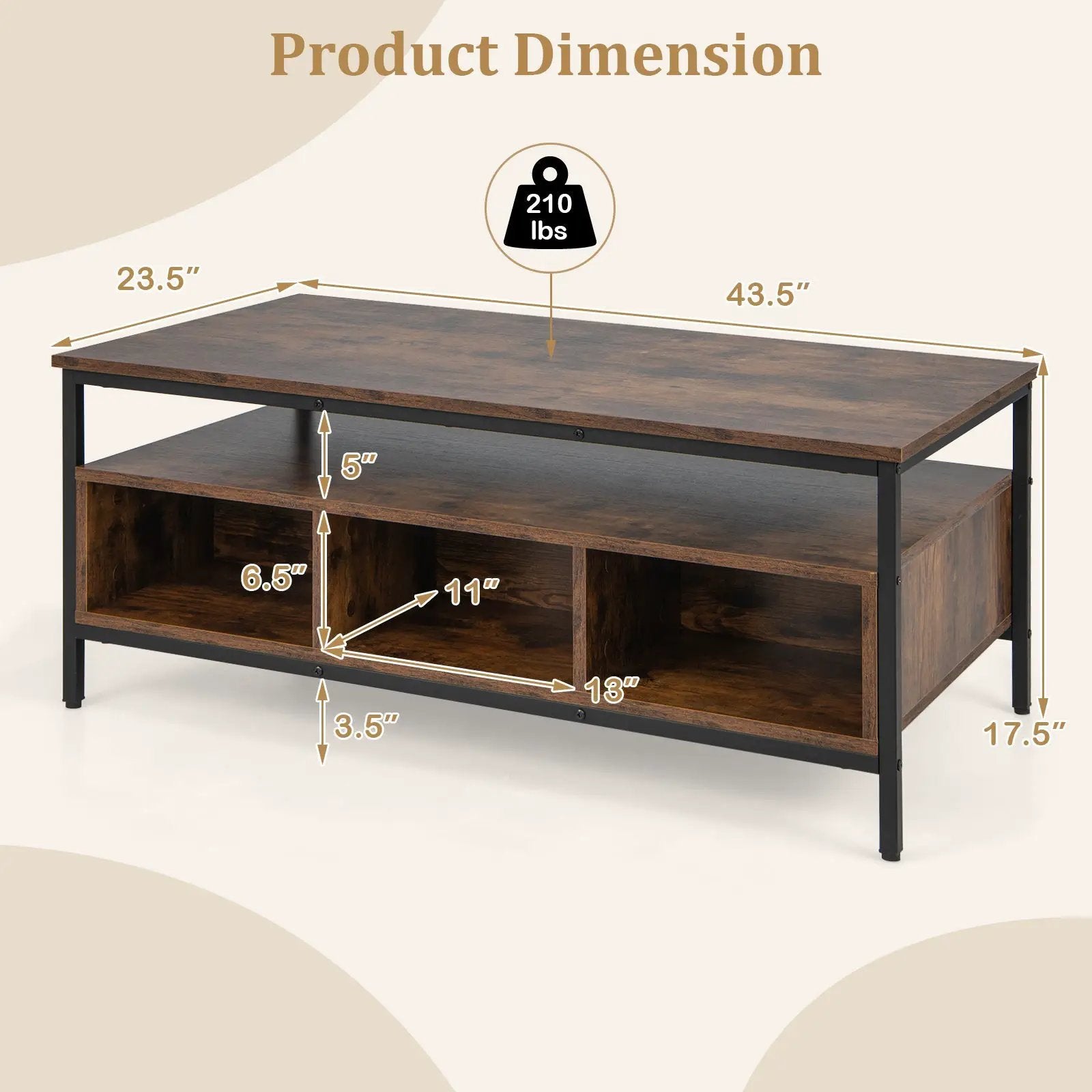 3-Tier Industrial Style Coffee Table with Storage and Heavy-duty Metal Frame-Coffee by DirectDeals