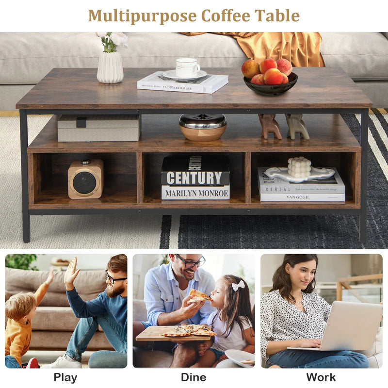 3-Tier Industrial Style Coffee Table with Storage and Heavy-duty Metal Frame-Coffee by DirectDeals