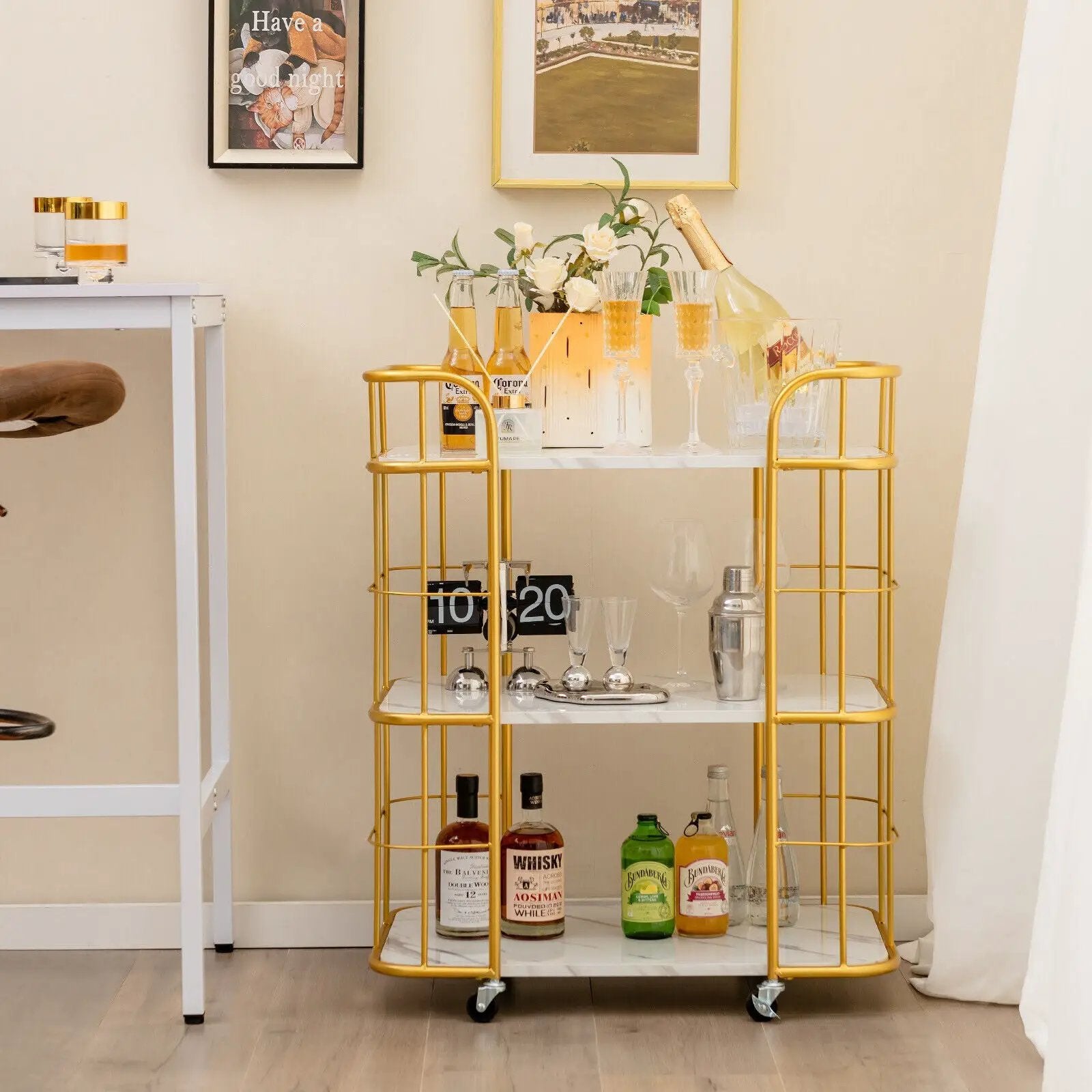 3-Tier Metal Kitchen Storage Serving Cart Trolley with Marble Tabletop and Handles-Golden by DirectDeals