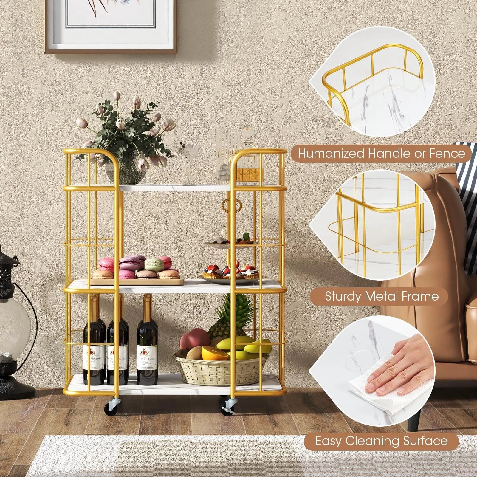 3-Tier Metal Kitchen Storage Serving Cart Trolley with Marble Tabletop and Handles-Golden by DirectDeals