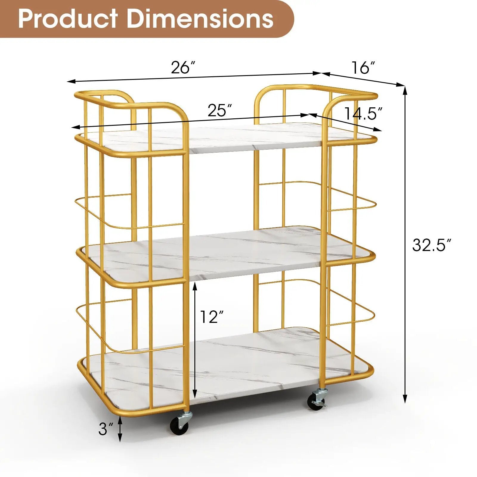 3-Tier Metal Kitchen Storage Serving Cart Trolley with Marble Tabletop and Handles-Golden by DirectDeals