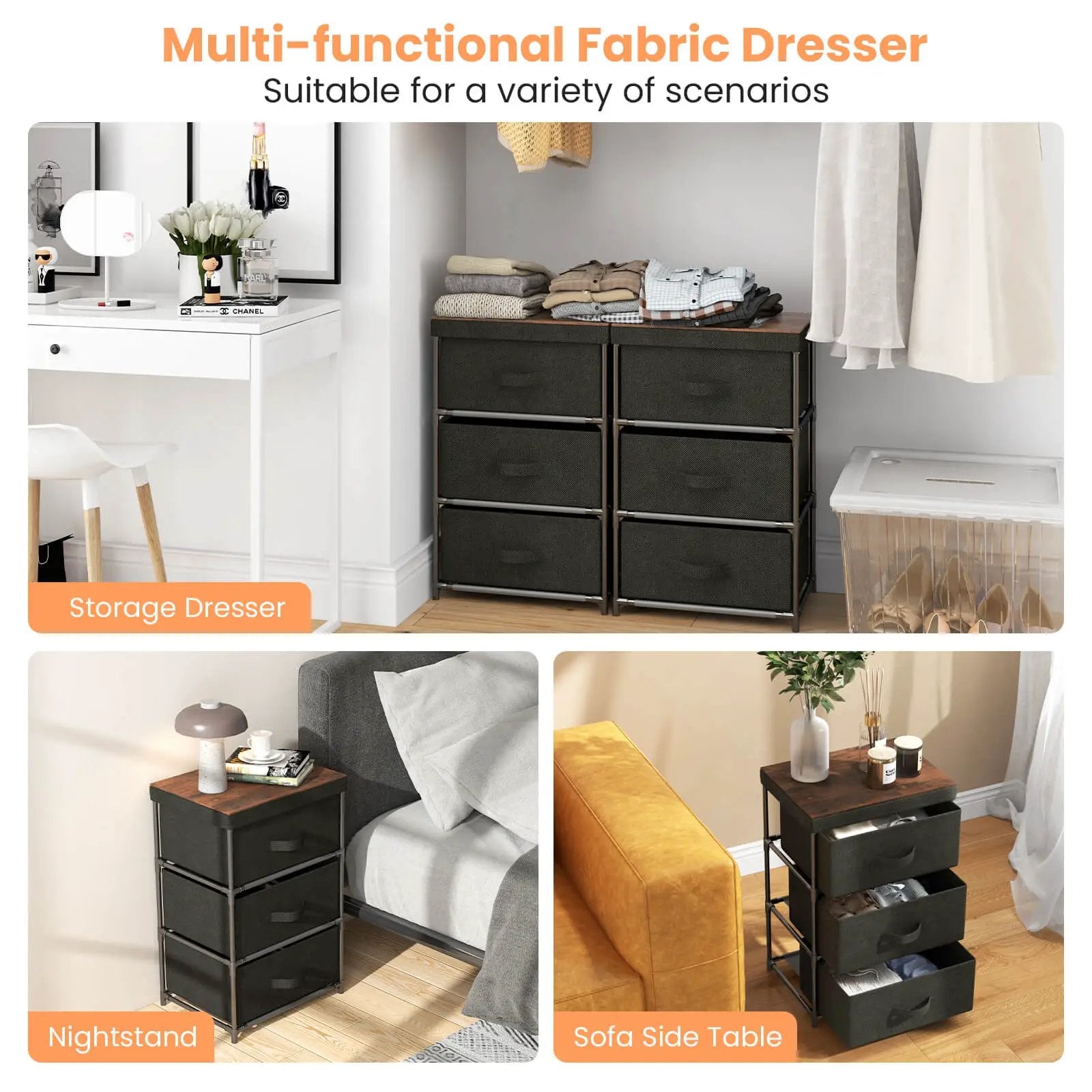 3-Tier Fabric Nightstand with Sturdy Metal Frame by DirectDeals