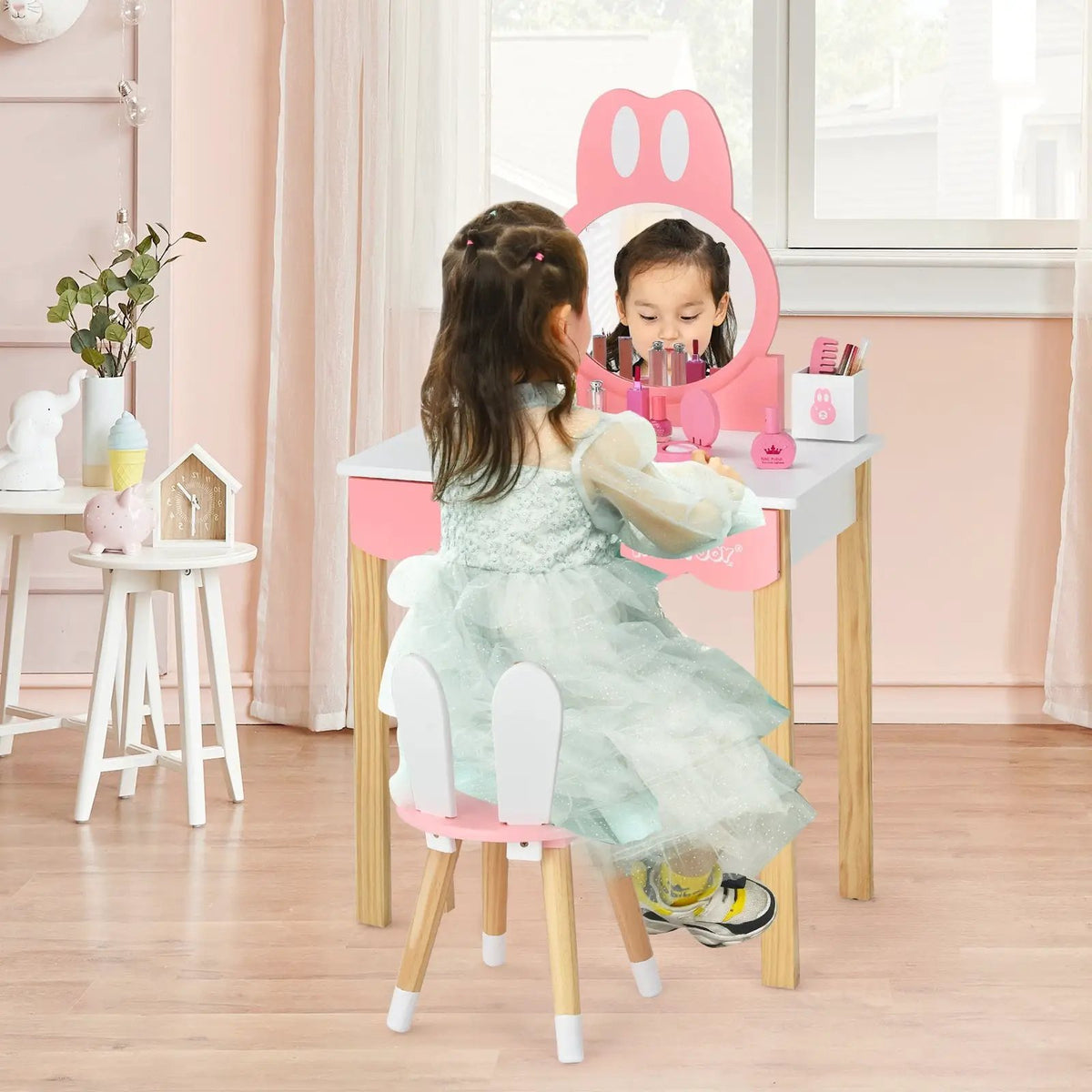 Kids Vanity Set Rabbit Makeup Dressing Table Chair Set with Mirror and Drawer, photo 6 of 9