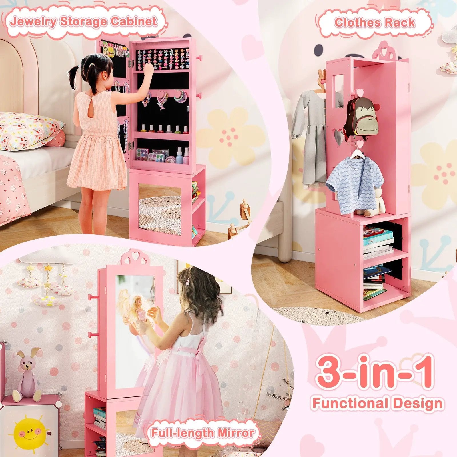 3-in-1 Freestanding Kids Jewelry Cabinet Armoire with Full Length Mirror by DirectDeals
