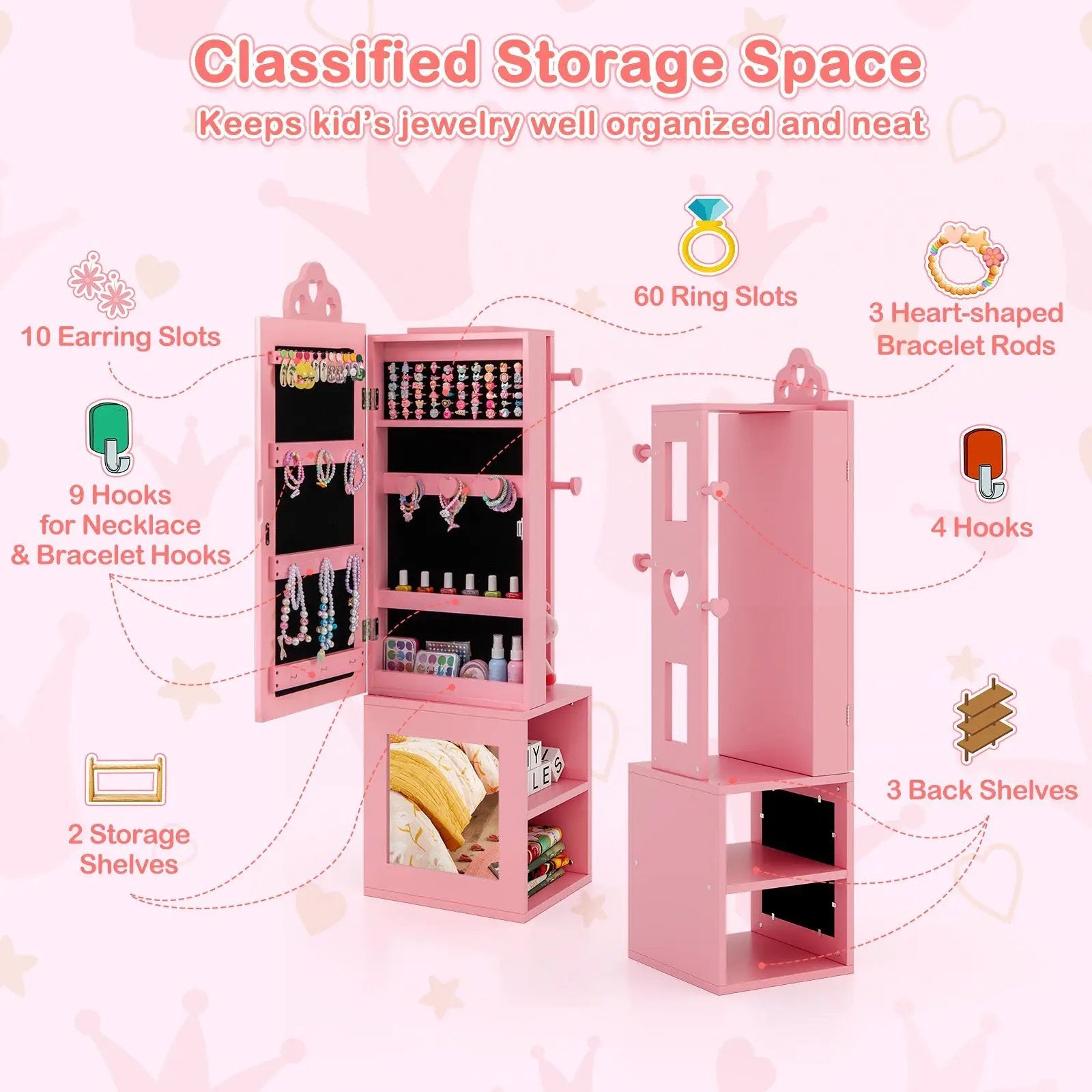 3-in-1 Freestanding Kids Jewelry Cabinet Armoire with Full Length Mirror by DirectDeals