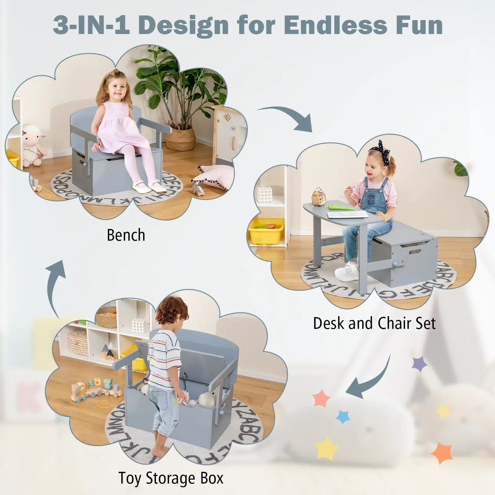 3-in-1 Kids Convertible Storage Bench Wood Activity Table and Chair Set by DirectDeals