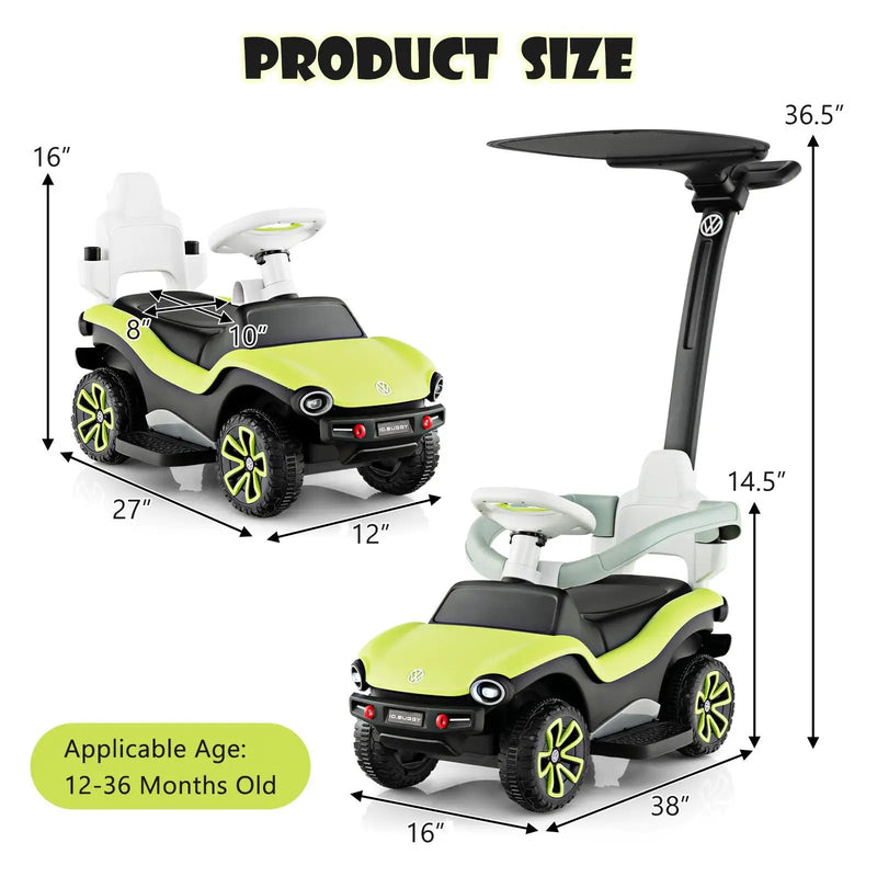 3-in-1 Licensed Volkswagen Ride on Push Car with 3-Position Adjustable Push Handle-Green by DirectDeals
