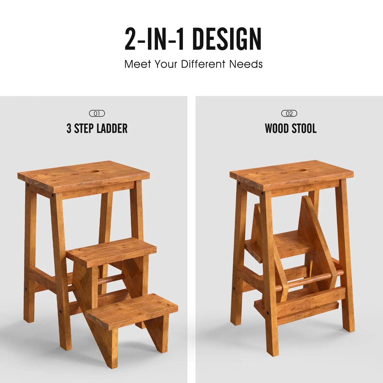 3-in-1 Rubber Wood Step Stool with Convenient Handle by DirectDeals