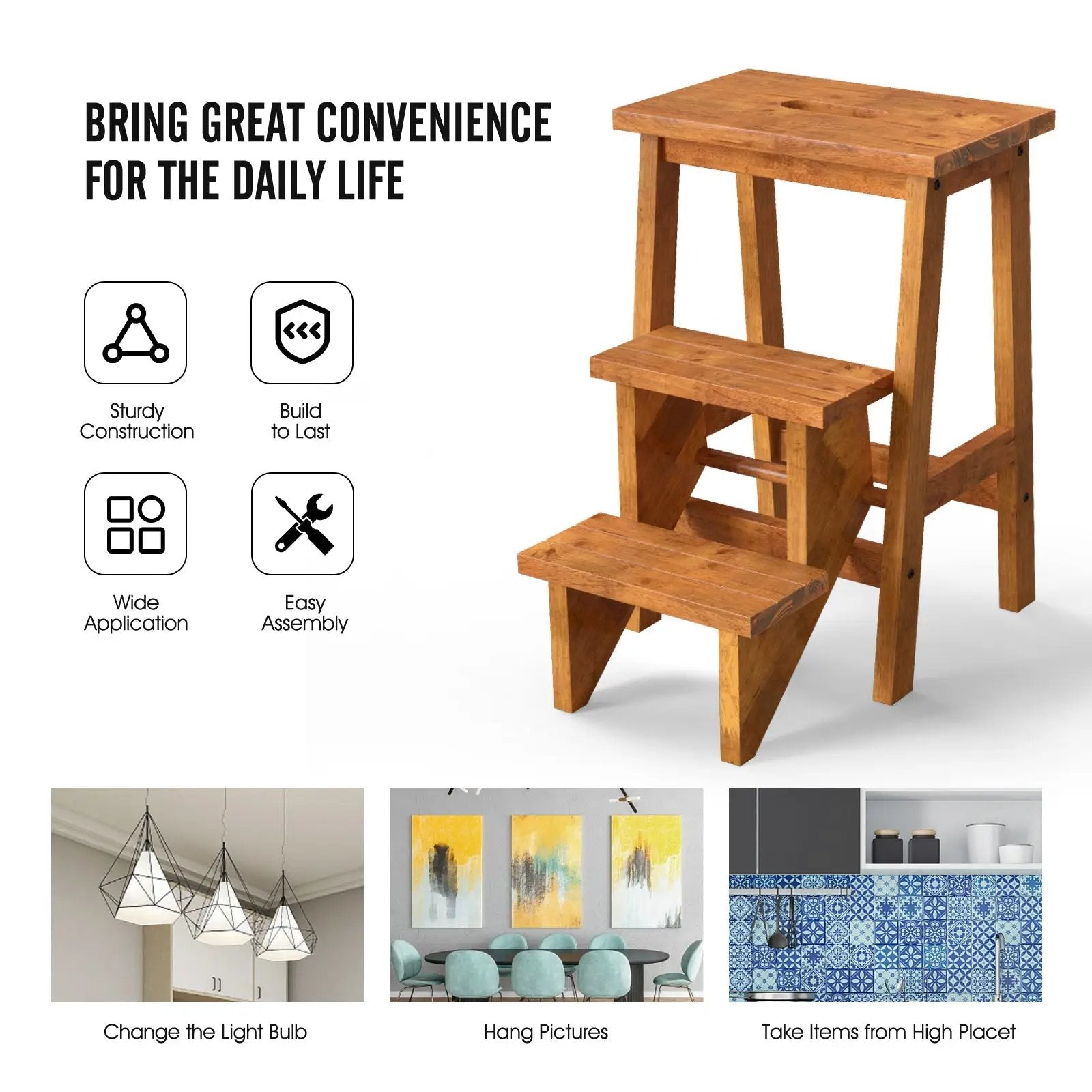 3-in-1 Rubber Wood Step Stool with Convenient Handle by DirectDeals