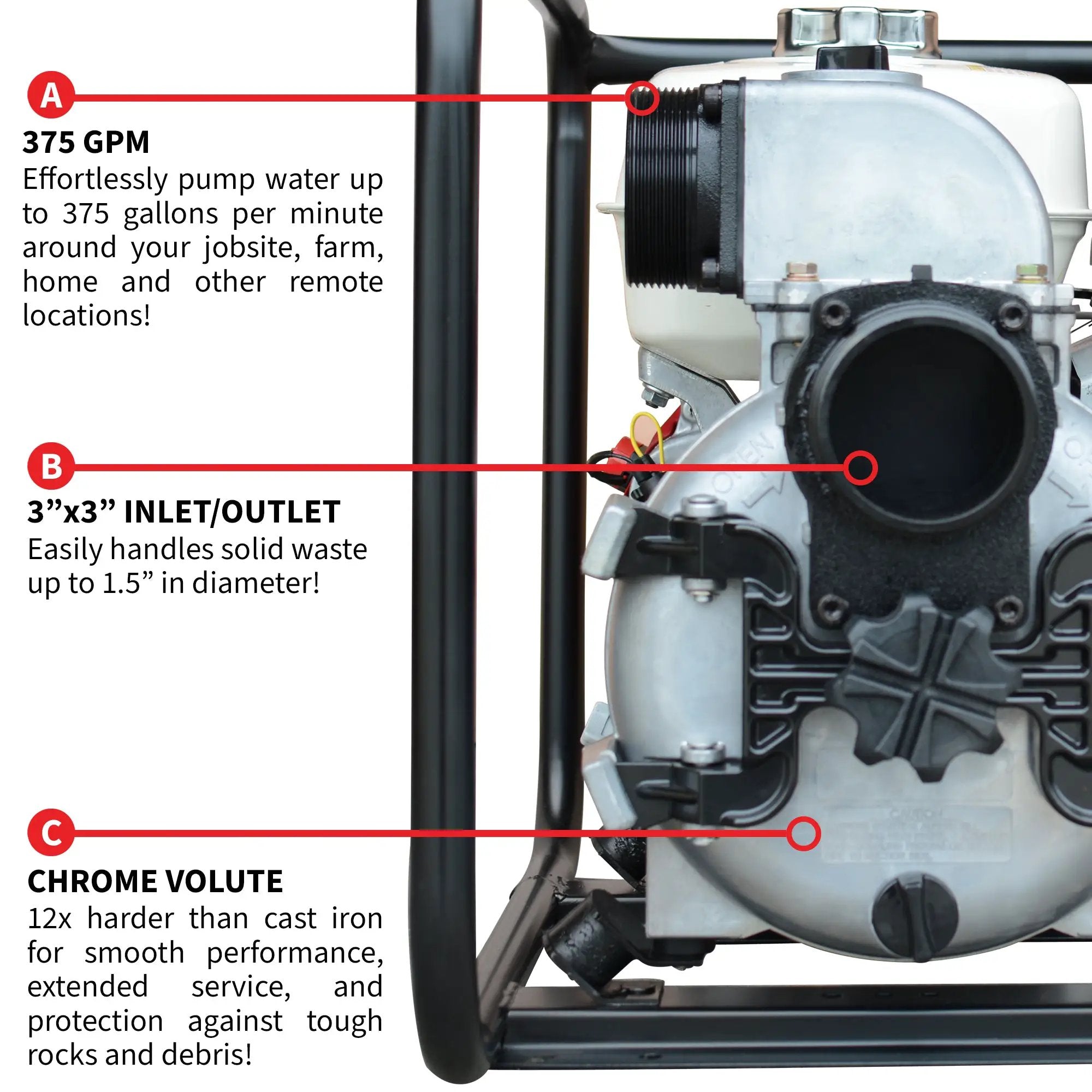 3 Inch Trash Water Pump 375 GPM 8 HP GX270 powered by Honda Portable Utility by Tomahawk Power