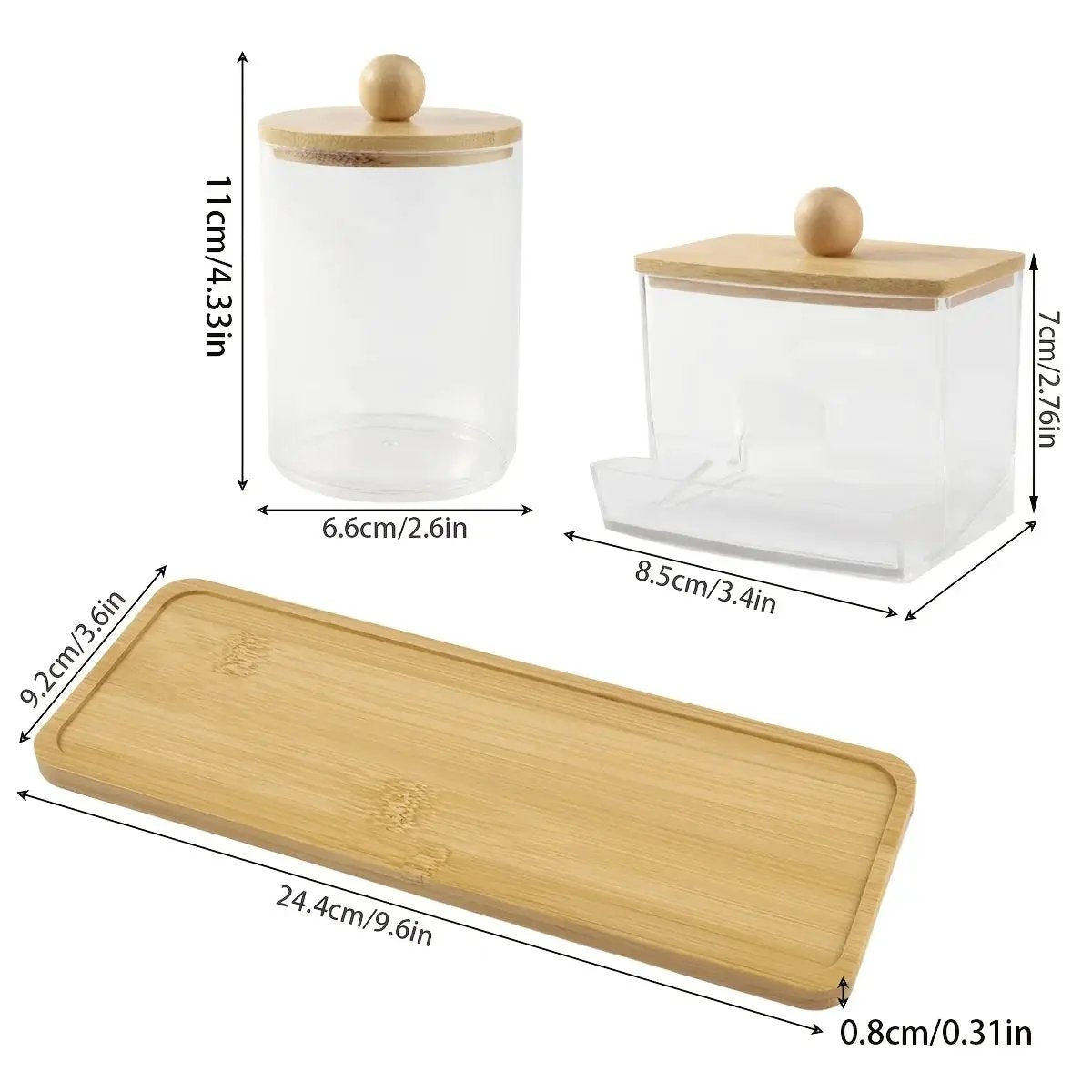 3-Pack Clear Acrylic Apothecary Jars with Bamboo Lids - Refillable Bathroom Organizers for Balls, Swabs, and Floss Picks - Flip-Top Dispensers with Tray by House Of Avana