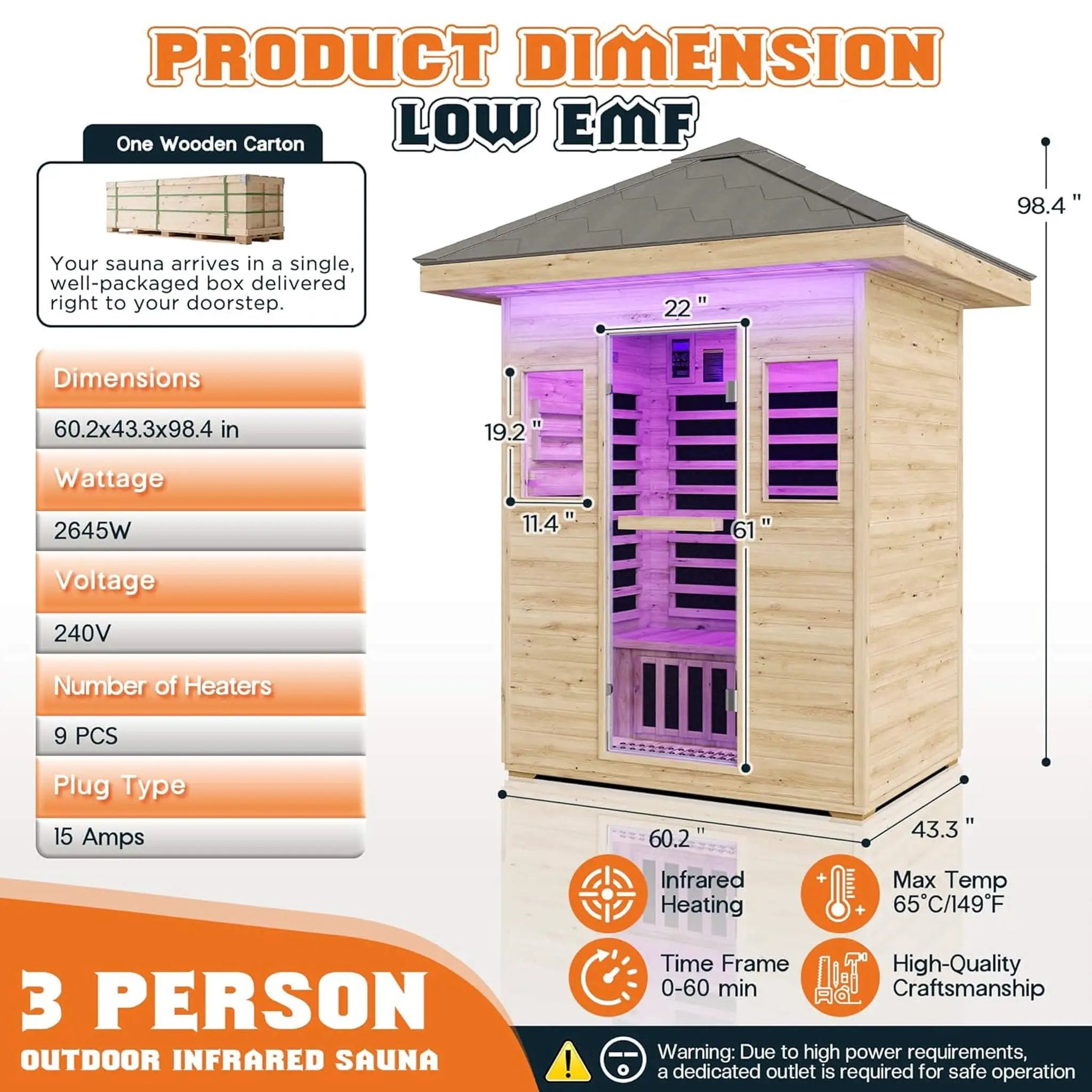 Thermora Zurich 3-Person Low EMF Spruce Wood Outdoor Infrared Sauna With Bluetooth Speakers And LED Lights (SAK59047) by SAKSBY WHOLESALE