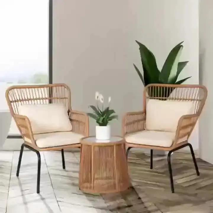 3-Piece Boho Wicker Patio Bistro Set with Beige Cushions by House Of Avana