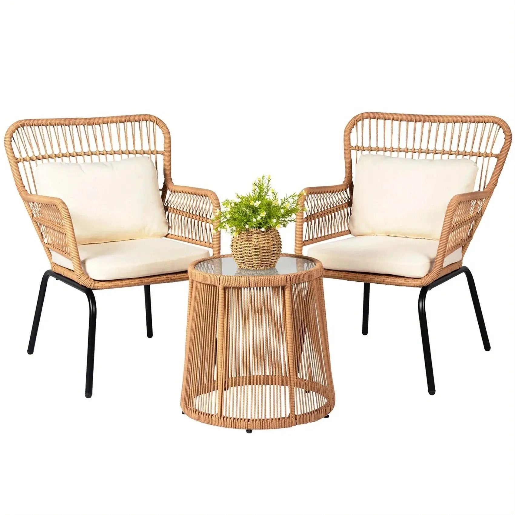 3-Piece Boho Wicker Patio Bistro Set with Beige Cushions by House Of Avana
