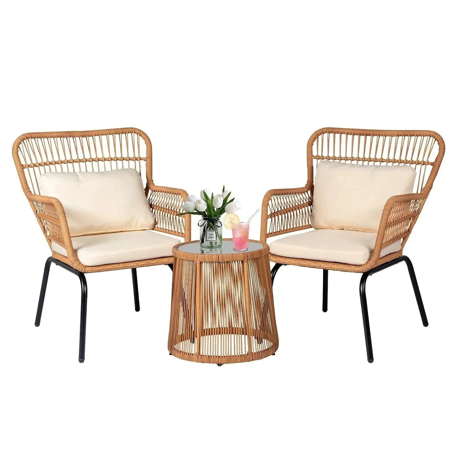 3-Piece Boho Wicker Patio Bistro Set with Beige Cushions by House Of Avana