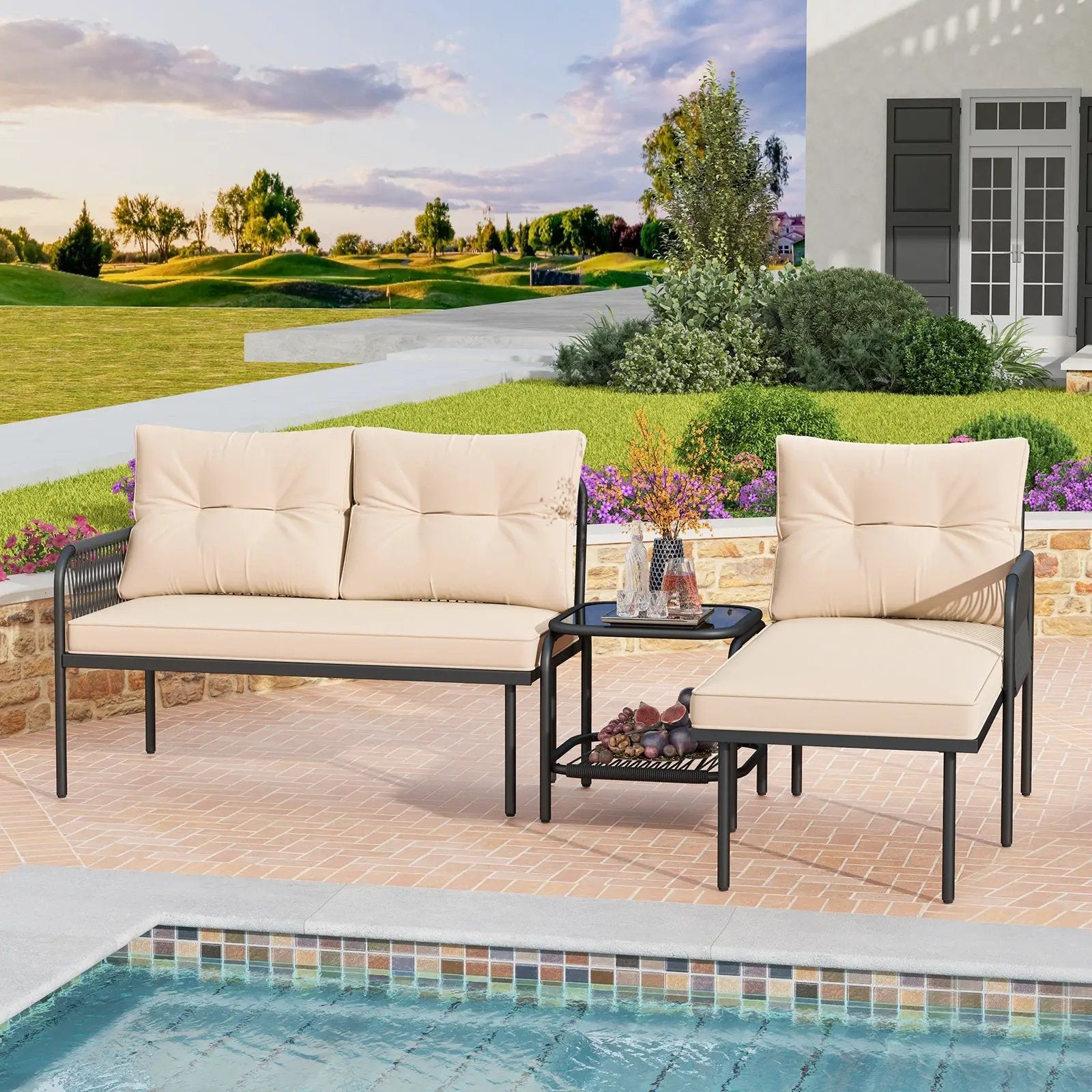 3-Piece L Shaped Patio Furniture Set PE Rattan Sectional Sofas-Beige by DirectDeals