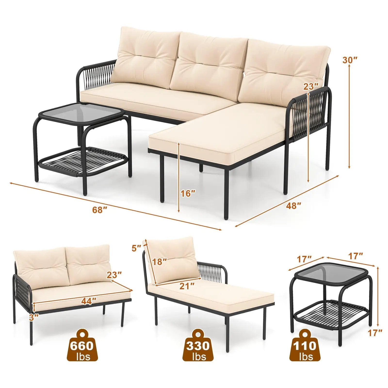 3-Piece L Shaped Patio Furniture Set PE Rattan Sectional Sofas-Beige by DirectDeals