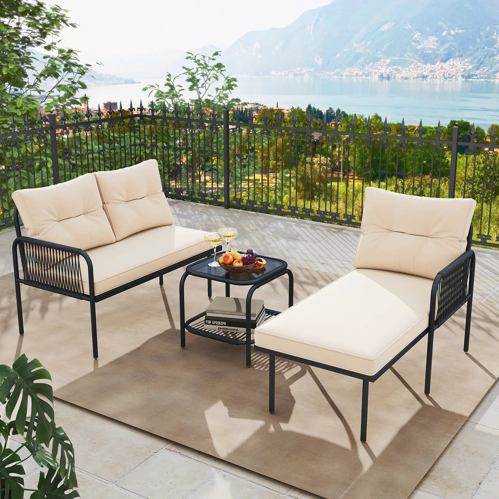 3-Piece L Shaped Patio Furniture Set PE Rattan Sectional Sofas-Beige by DirectDeals