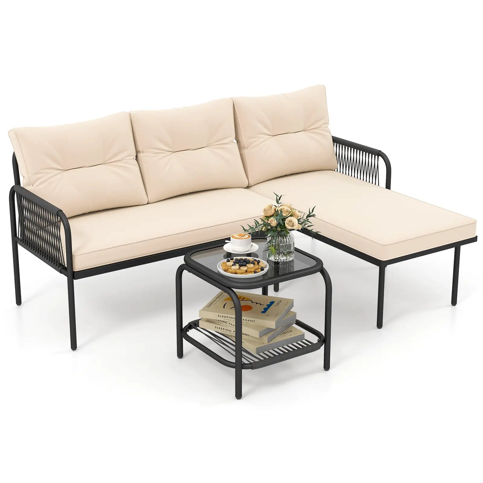 3-Piece L Shaped Patio Furniture Set PE Rattan Sectional Sofas-Beige by DirectDeals