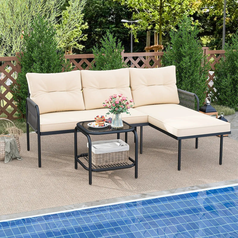 3-Piece L Shaped Patio Furniture Set PE Rattan Sectional Sofas-Beige by DirectDeals