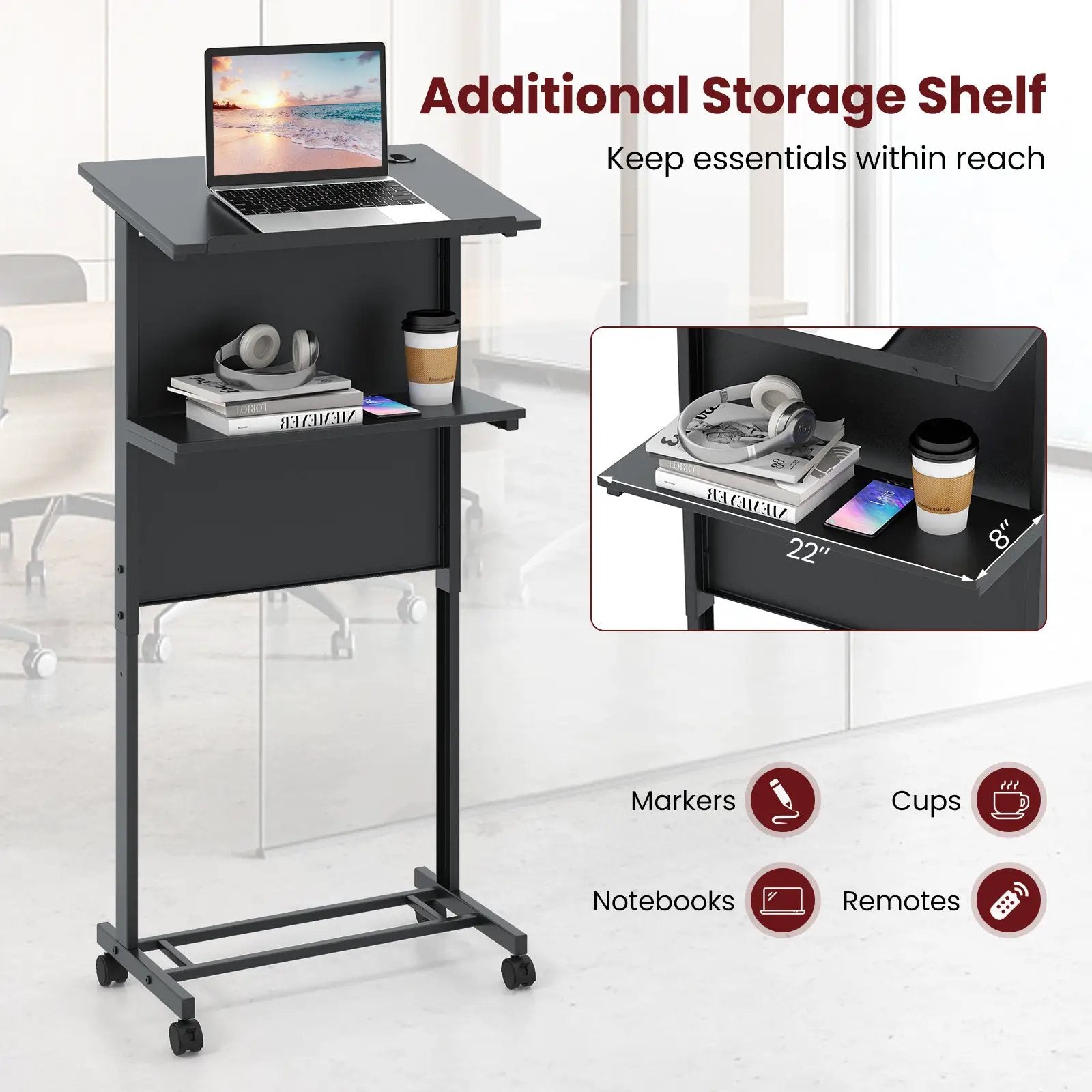 3-Position Height Adjustable Lectern Table with Tilted Tabletop-Black by DirectDeals