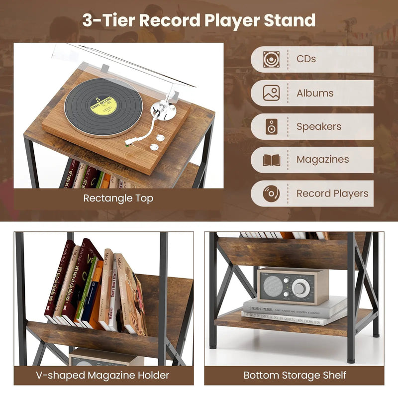 3-Tier Industrial Side Table with V-shaped Bookshelf for Living Room-Rustic Brown by DirectDeals