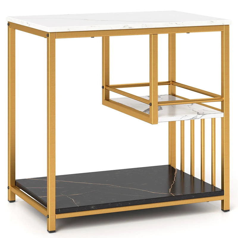 3-Tier Multi-function Marble End Table with Storage Shelf-Golden by DirectDeals