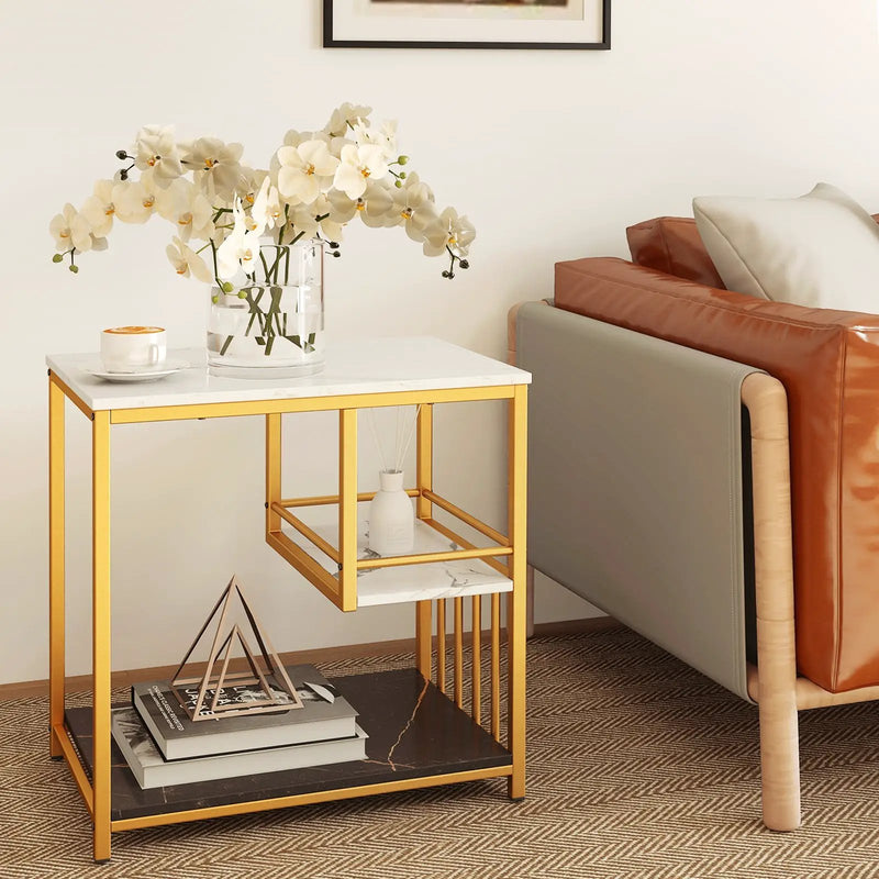 3-Tier Multi-function Marble End Table with Storage Shelf-Golden by DirectDeals