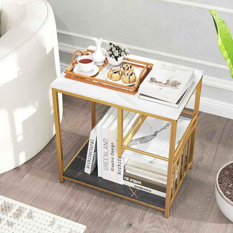 3-Tier Multi-function Marble End Table with Storage Shelf-Golden by DirectDeals