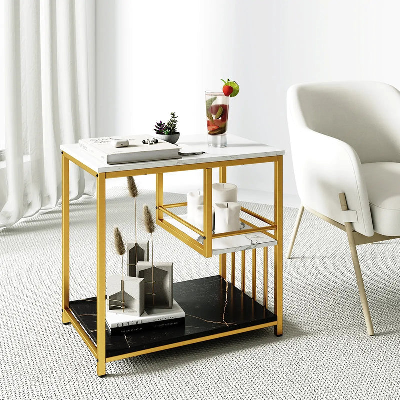 3-Tier Multi-function Marble End Table with Storage Shelf-Golden by DirectDeals