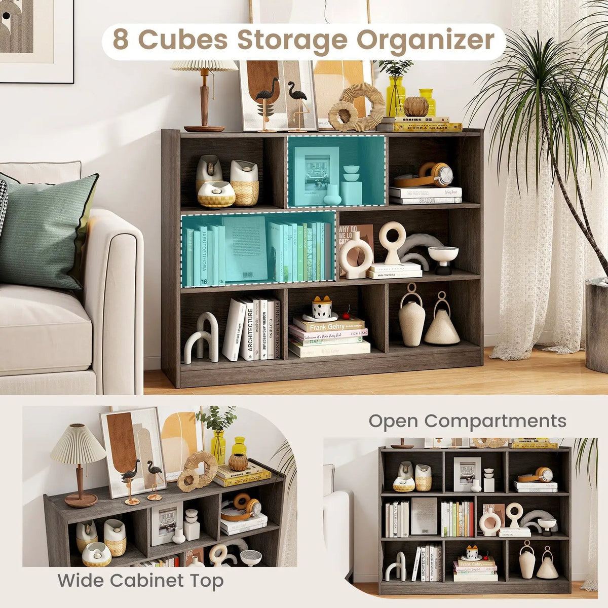 3-Tier Open Bookcase 8-Cube Floor Standing Storage Shelves, photo 4 of 12