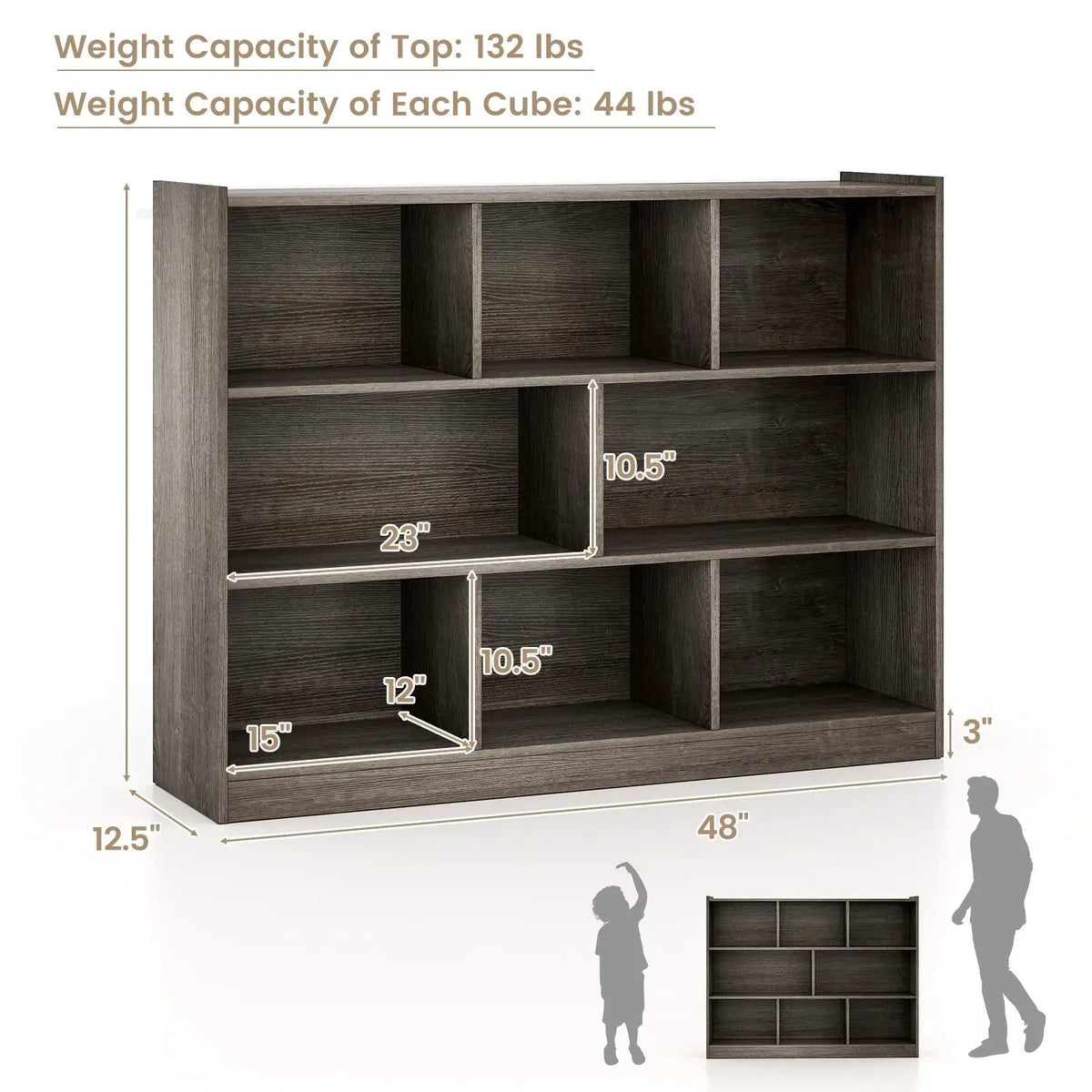 3-Tier Open Bookcase 8-Cube Floor Standing Storage Shelves, photo 3 of 12