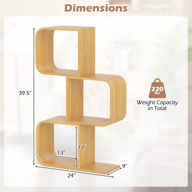 3-Tier S-Shaped Bookcase with 3 Open Cubes for Living Room-Natural by DirectDeals